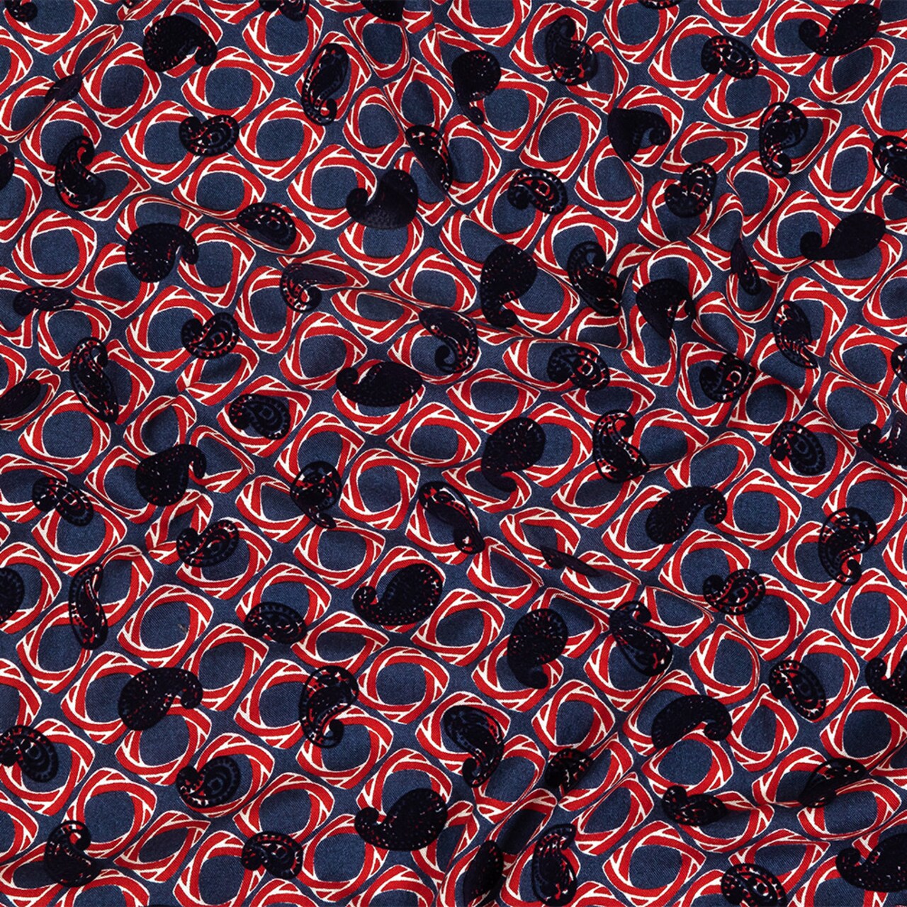 1 Yard Salsa and Navy Flocked Paisley Twisted Squares Printed Viscose Woven Fabric Width 57 Inches